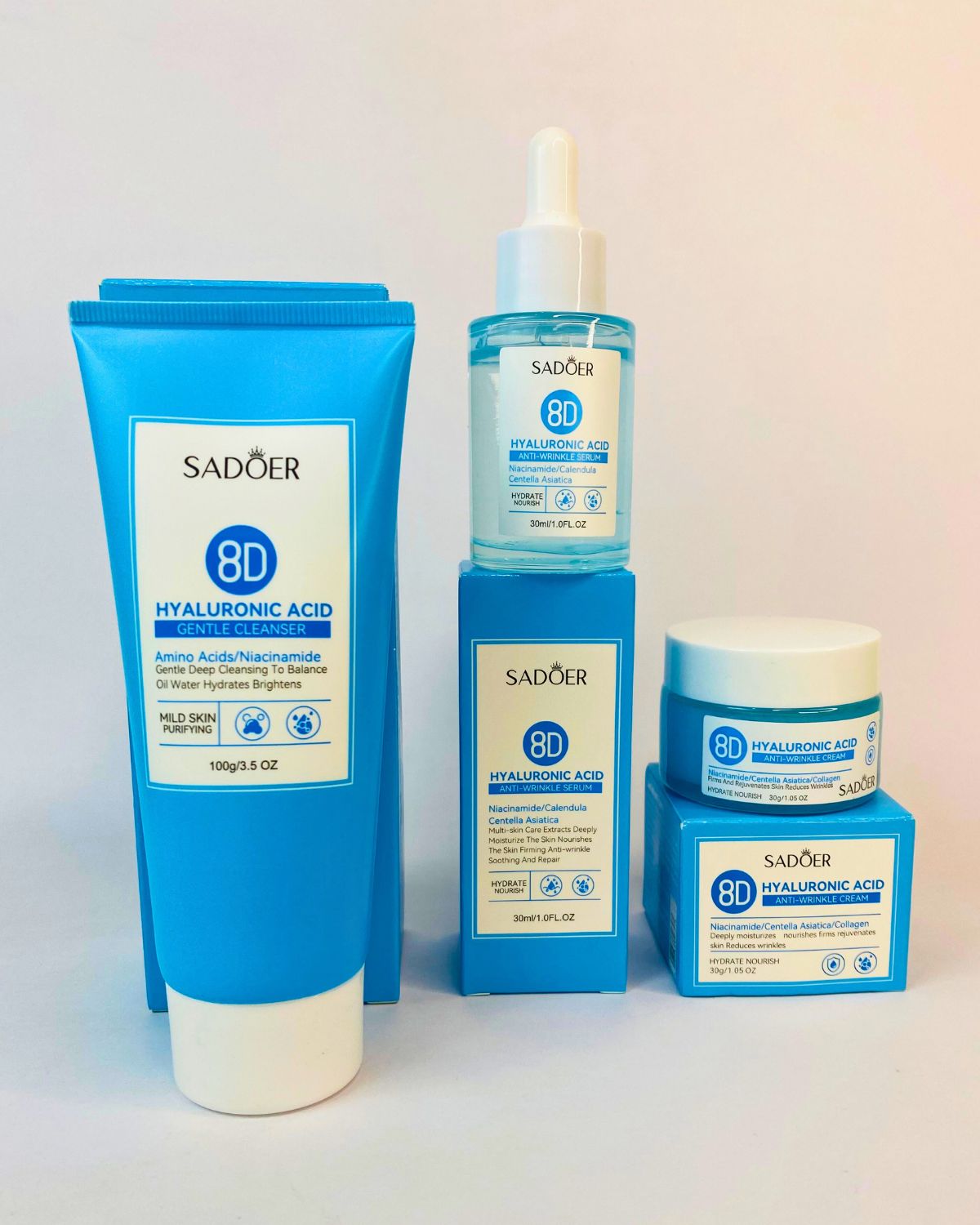 Sadōer 8D Hyaluronic Acid Skincare Combo – Cleanser Serum Cream Original B